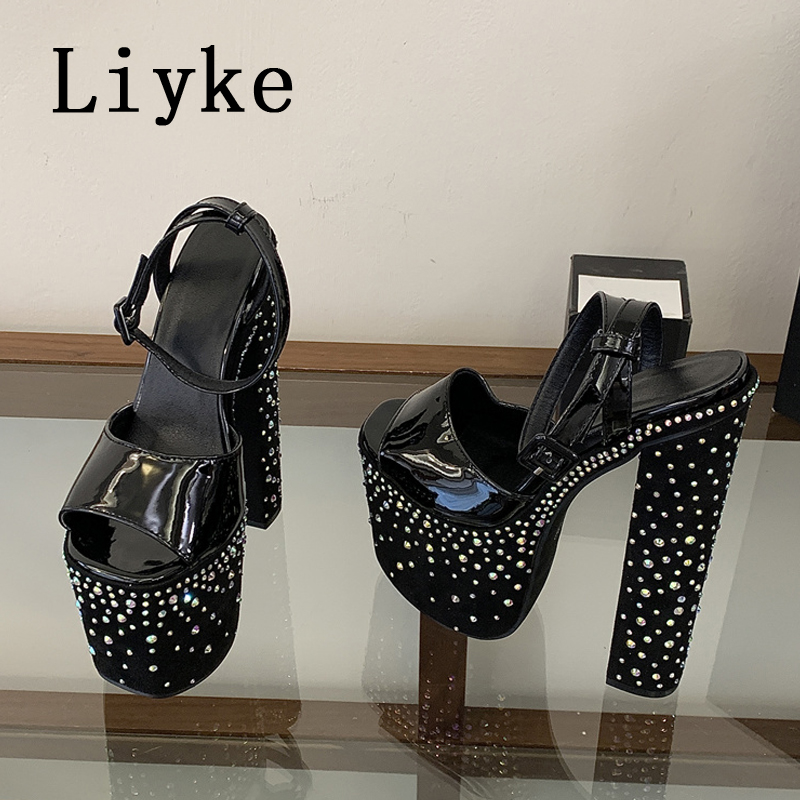 Rhinestone Sandal Women - Liyke Modische Kristall-Strass Plateau-Sandalen mit Hohem