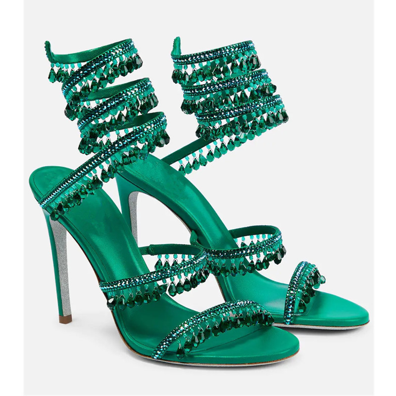 Rhinestone Sandal Women - Sexy grüne Kristall-Fransen-Stiletto-Sandalen für Damen, runde
