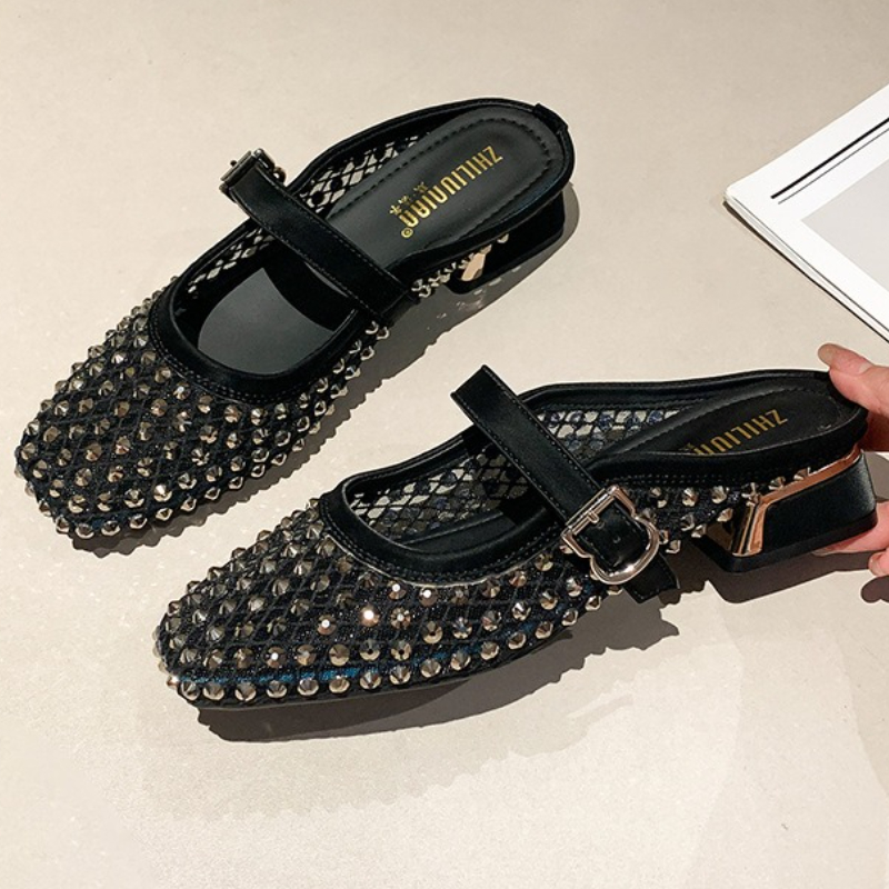 Rhinestone Sandal Women - Mesh Strass Chunky Ferse Maultiere Hausschuhe
