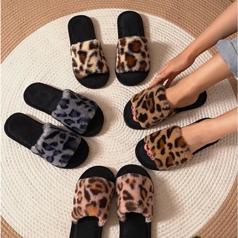 Women Shoes On Sale - 2025, Winter warme, flauschige, pelzige Leoparden-Hausschuhe